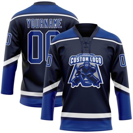 Custom Name and Number Navy Royal-White Hockey Jersey - Personalized Lace Neck Team Apparel Personalized Navy Royal-White