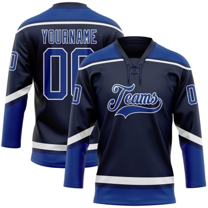 Custom Name and Number Navy Royal-White Hockey Jersey - Personalized Lace Neck Team Apparel Personalized Navy Royal-White