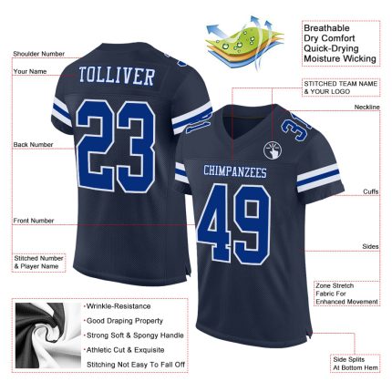 Personalized Custom Football Jersey with Team Name & Number in Navy Royal-White Mesh Personalized Navy Royal-White Mesh Authentic
