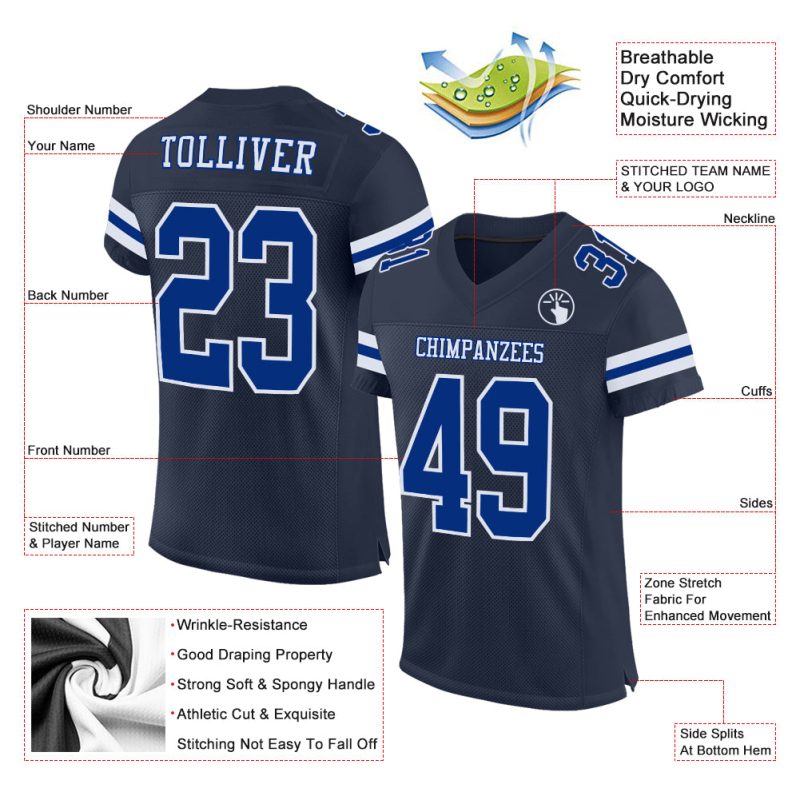 Personalized Custom Football Jersey with Team Name & Number in Navy Royal-White Mesh Personalized Navy Royal-White Mesh Authentic