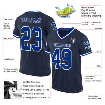 Custom Name and Number Personalized Navy and White Mesh Football Jersey - Authentic Throwback Style Personalized Navy Royal-White