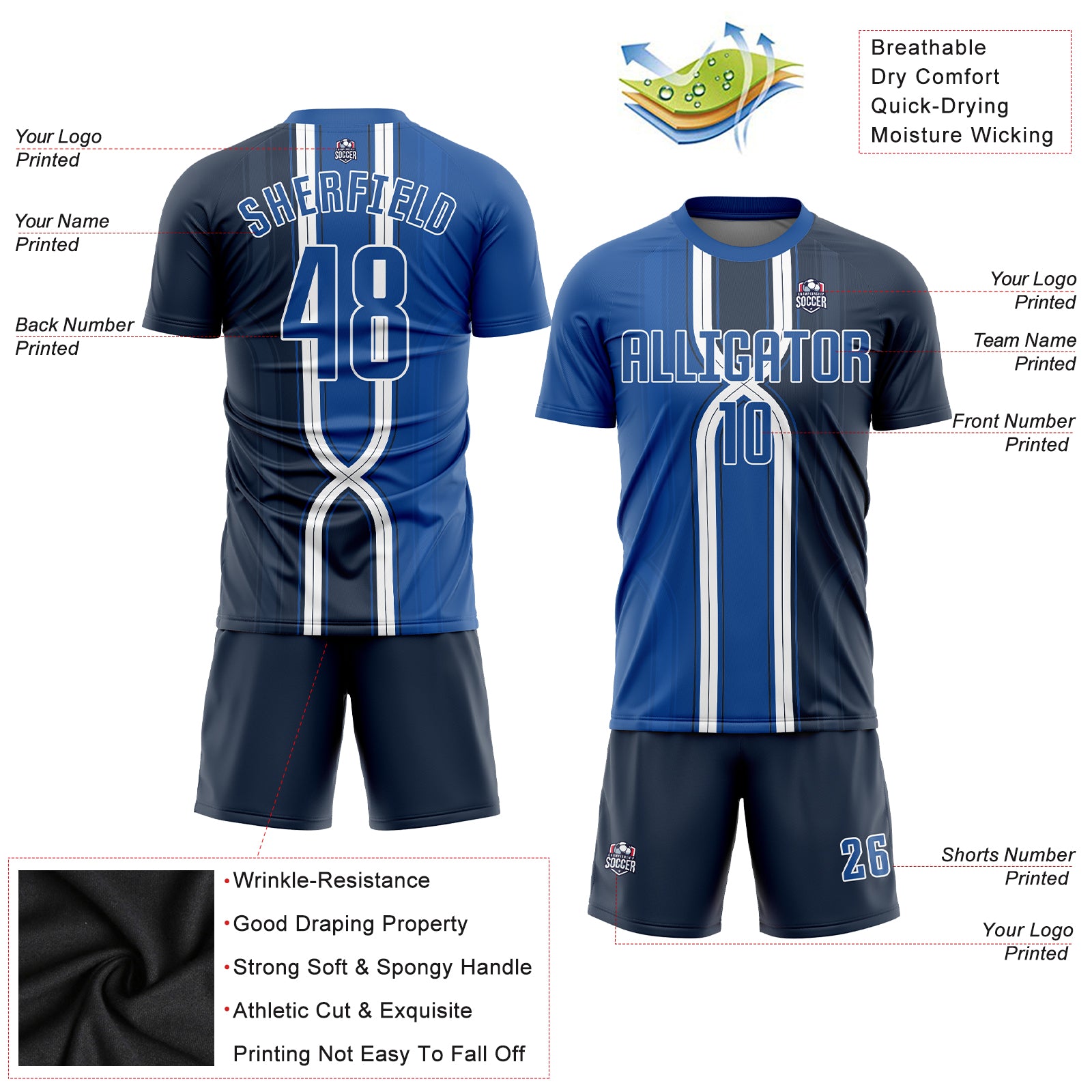 Personalized Navy Royal-White Sublimation Soccer Uniform Jersey Team Custom Name and Number Custom Sublimation Soccer Jersey - Personalized Navy Royal-White Uniform with Name and Number Personalized Navy Royal-White - Image 3