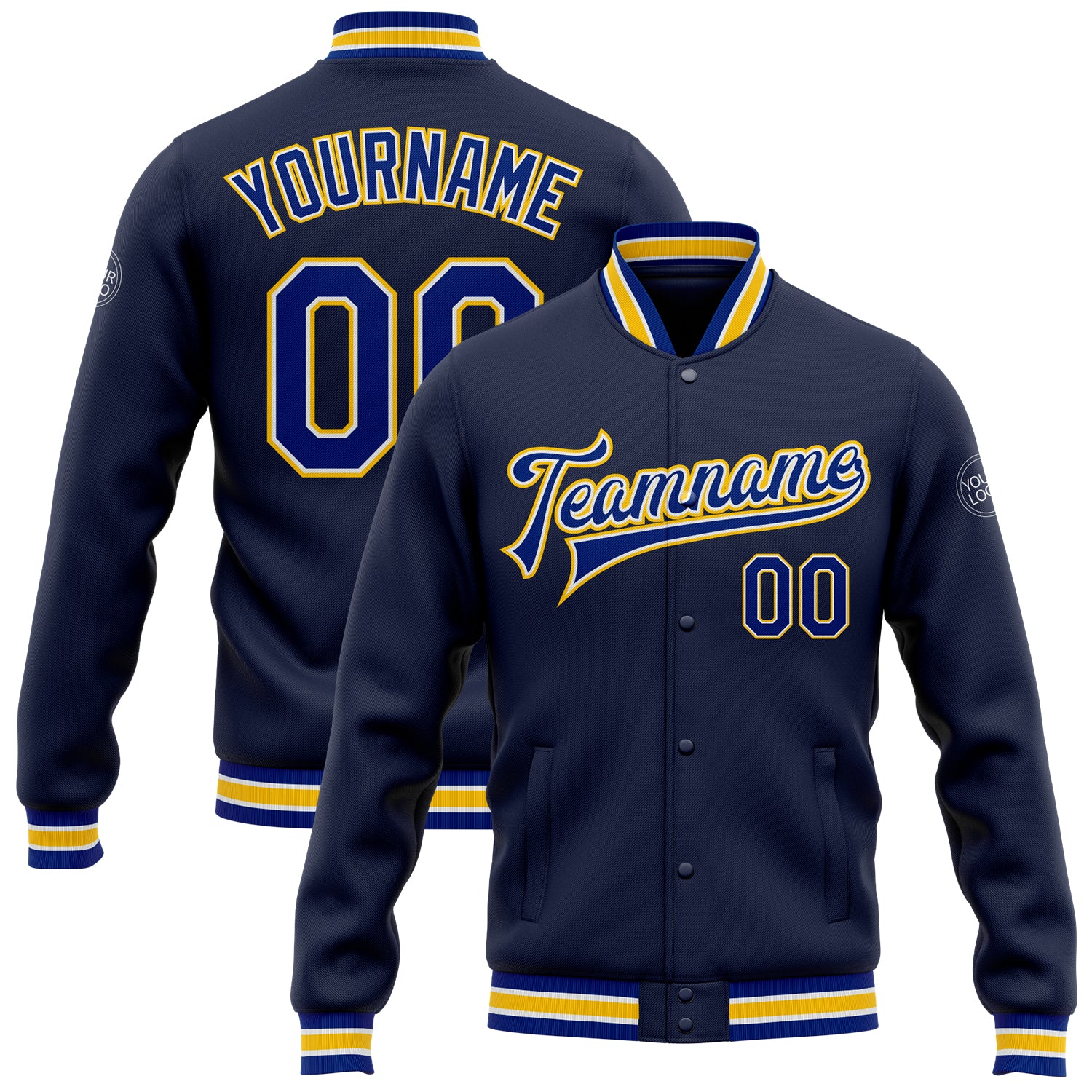 Custom Team Name and Number Bomber Jacket in Navy Royal-Yellow Full-Snap Varsity Style Personalized Navy Royal-Yellow Bomber