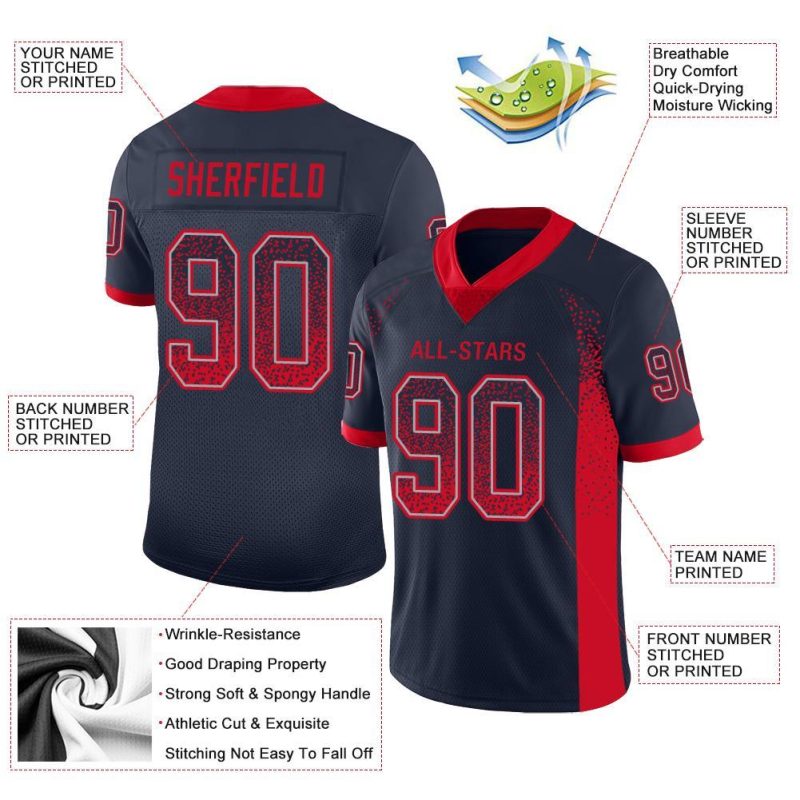 Custom Personalized Football Jersey with Name and Number - Navy Scarlet-Gray Mesh Drift Team Apparel Personalized Navy Scarlet-Gray