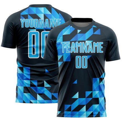 Custom Name and Number Soccer Jersey - Personalized Navy Blue & White Geometric Design Uniform Personalized Navy Sky Blue-White