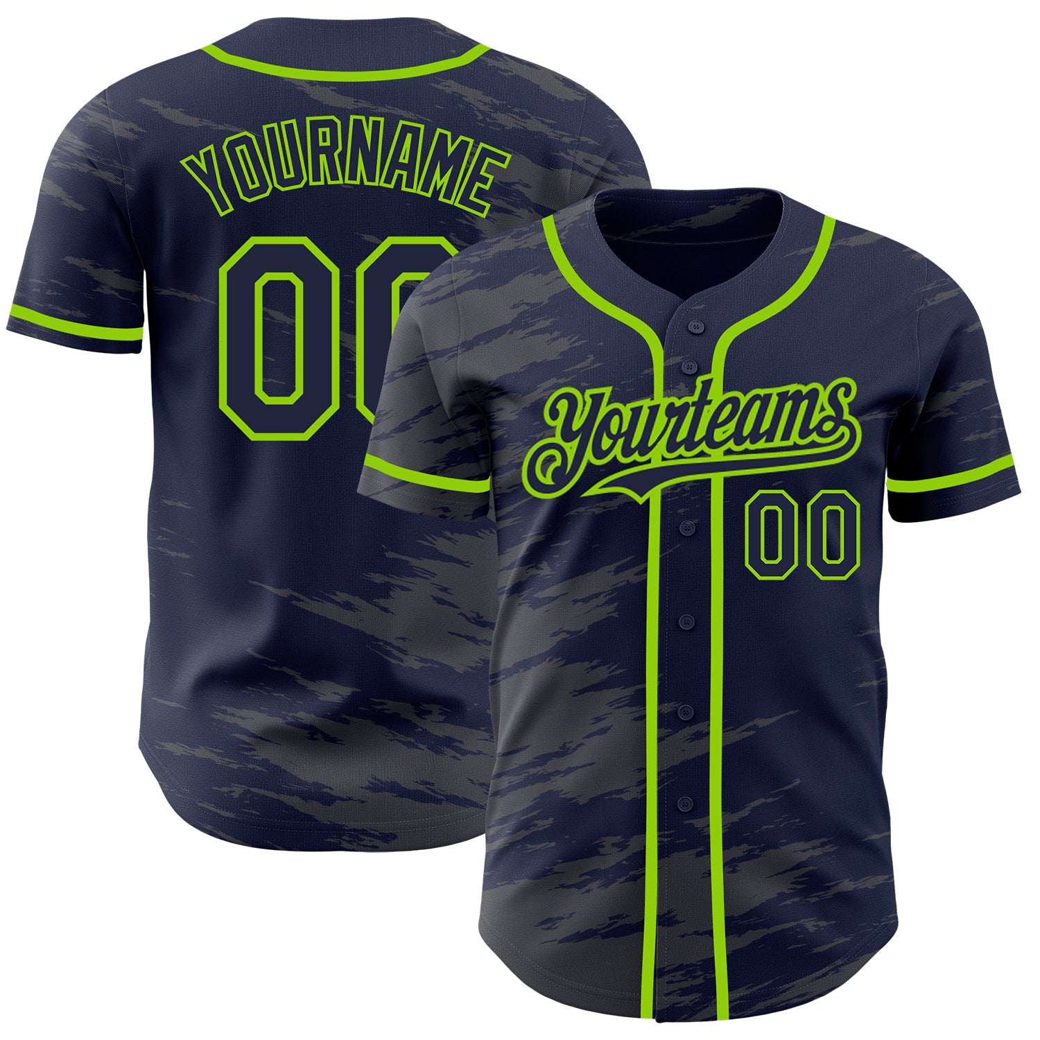 Custom Name and Number Baseball Jersey - Personalized Neon Green Splash Ink on Navy Steel Gray Personalized Navy Steel Gray
