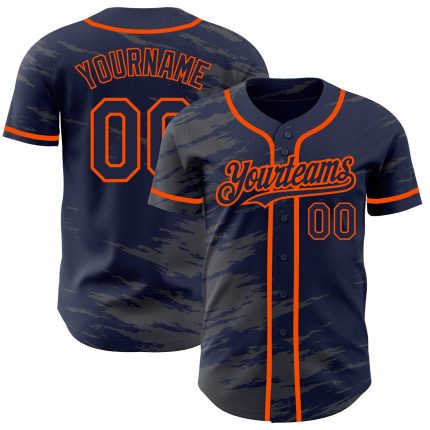 Personalized Custom Name and Number Authentic Baseball Jersey - Navy Steel Gray Splash Ink Orange Design Personalized Navy