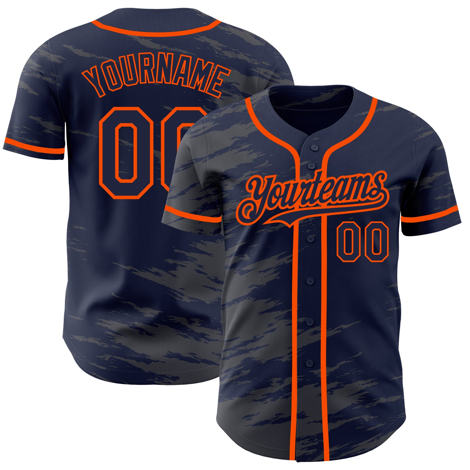 Personalized Custom Name and Number Authentic Baseball Jersey - Navy Steel Gray Splash Ink Orange Design Personalized Navy