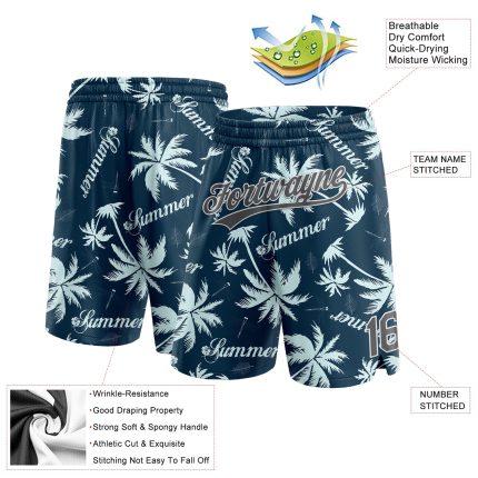 Personalized Hawaii Palm Trees Basketball Shorts with Custom Name & Number - Navy Gray-White 3D Pattern Personalized Navy
