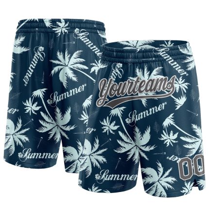 Personalized Hawaii Palm Trees Basketball Shorts with Custom Name & Number - Navy Gray-White 3D Pattern Personalized Navy