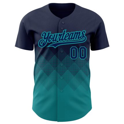 Custom Name and Number Authentic Baseball Jersey - Personalized Navy Teal 3D Gradient Square Pattern Design Personalized