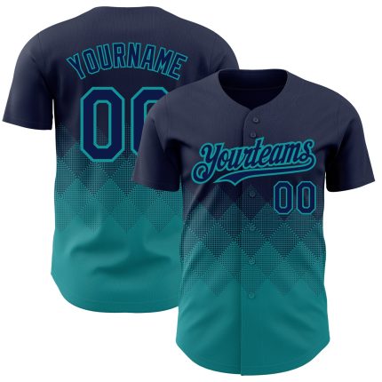 Custom Name and Number Authentic Baseball Jersey - Personalized Navy Teal 3D Gradient Square Pattern Design Personalized