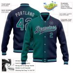 Custom Name Number Varsity Letterman Jacket Personalized Navy Teal Gray Gradient Bomber Fashion Style Full-Snap Personalized