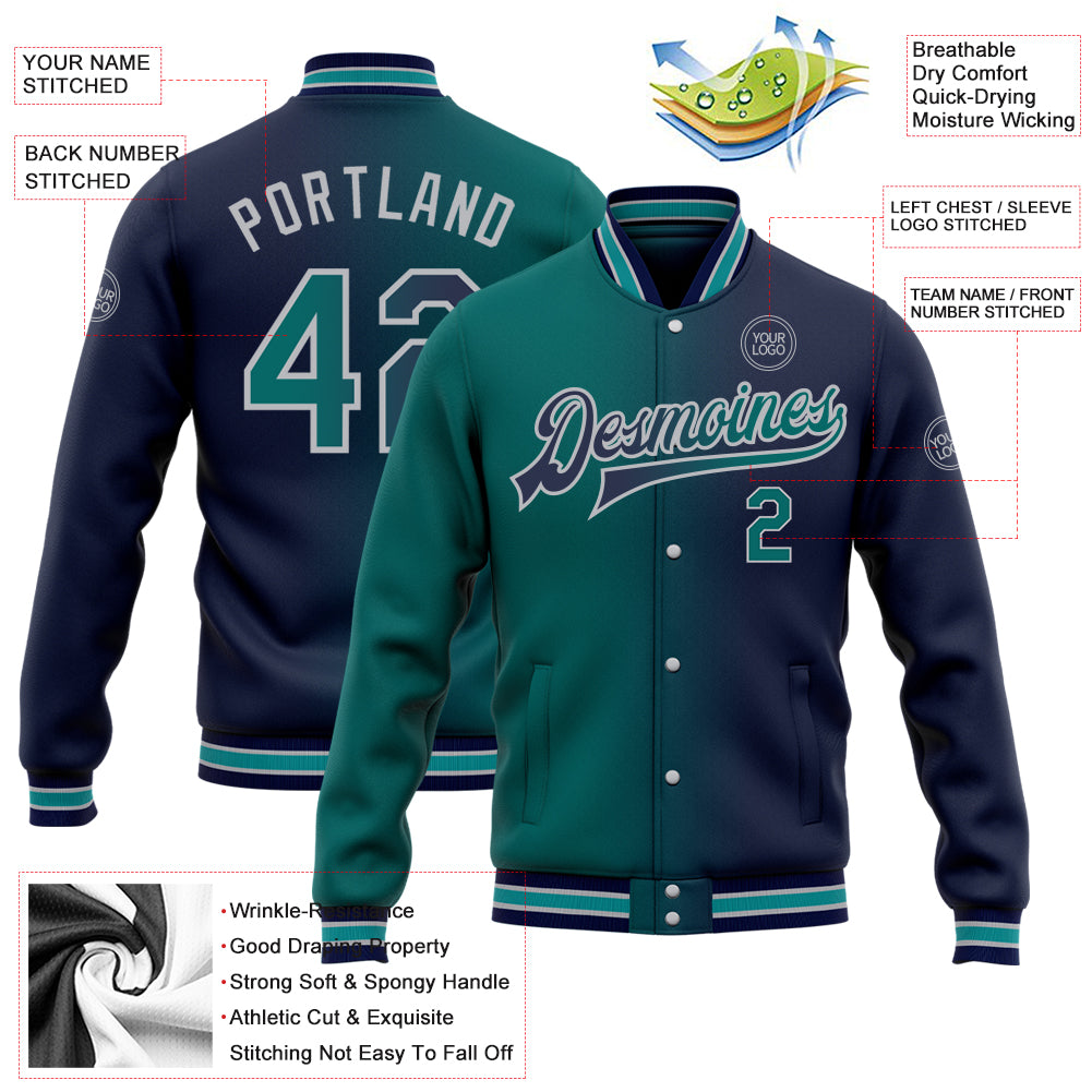 Personalized Navy Teal-Gray Bomber Full-Snap Varsity Letterman Gradient Fashion Jacket Team Custom Name and Number Custom Name Number Varsity Letterman Jacket Personalized Navy Teal Gray Gradient Bomber Fashion Style Full-Snap Personalized - Image 3