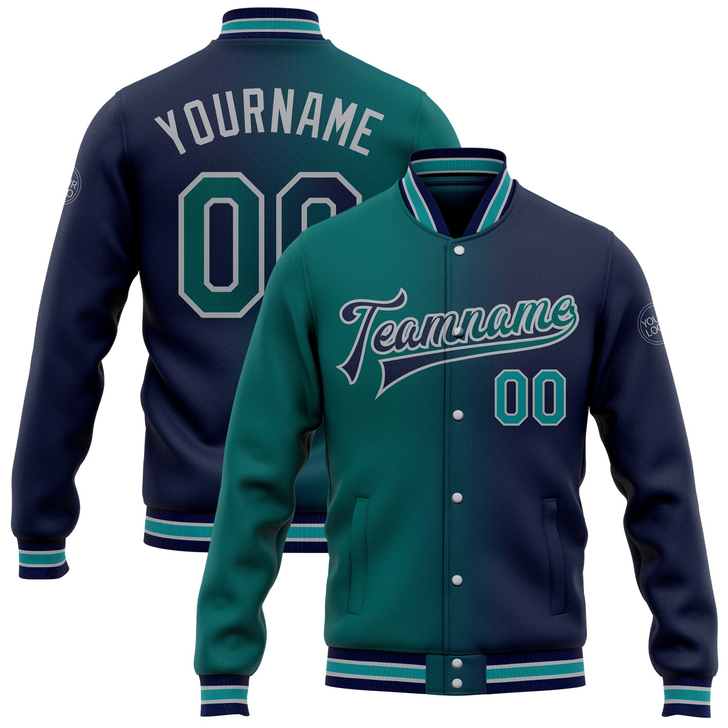 Custom Name Number Varsity Letterman Jacket Personalized Navy Teal Gray Gradient Bomber Fashion Style Full-Snap Personalized
