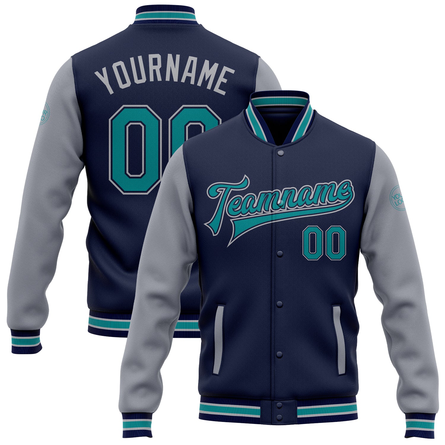 Custom Name and Number Two Tone Varsity Letterman Bomber Jacket Navy Teal-Gray Full-Snap Personalized Navy Teal-Gray Bomber