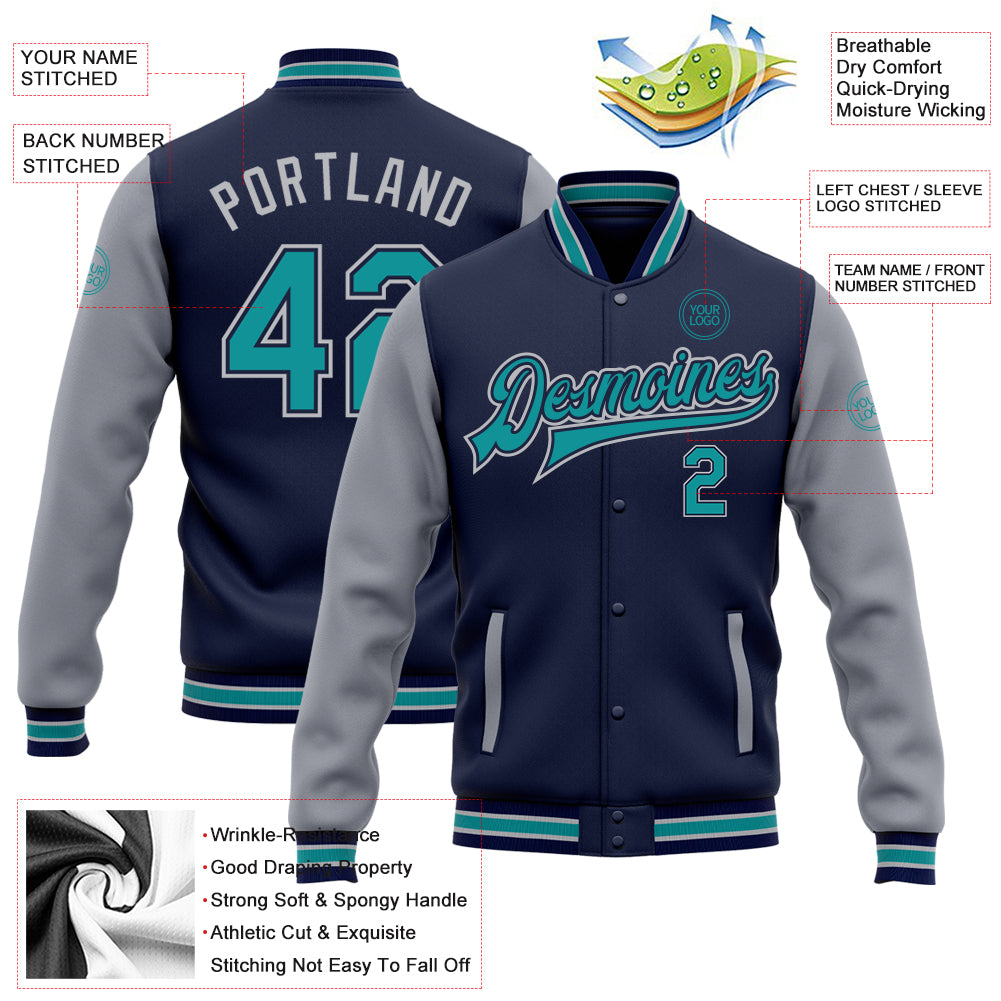 Personalized Navy Teal-Gray Bomber Full-Snap Varsity Letterman Two Tone Jacket Team Custom Name and Number Custom Name and Number Two Tone Varsity Letterman Bomber Jacket Navy Teal-Gray Full-Snap Personalized Navy Teal-Gray Bomber - Image 3