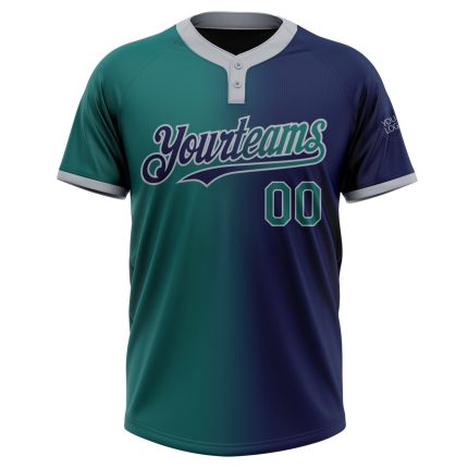 Custom Name and Number Two-Button Unisex Softball Jersey - Personalized Navy Teal-Gray Gradient Fashion Team Gear Personalized