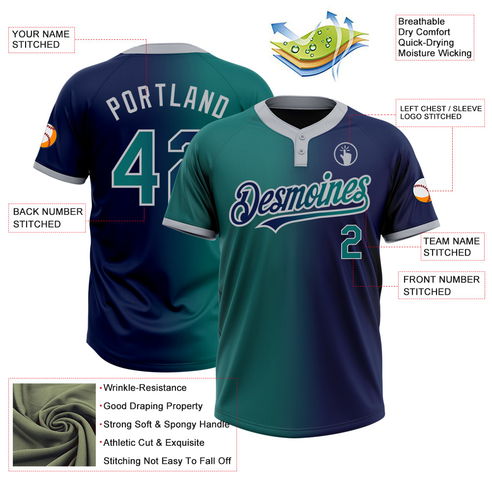 Personalized Navy Teal-Gray Gradient Fashion Two-Button Unisex Softball Jersey Team Custom Name and Number Custom Name and Number Two-Button Unisex Softball Jersey - Personalized Navy Teal-Gray Gradient Fashion Team Gear Personalized - Image 3