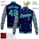 Custom Name Number Personalized Navy Teal Gray-Shadow Blue Western Plaid 3D Bomber Full-Snap Varsity Letterman Jacket Personalized