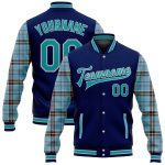 Custom Name Number Personalized Navy Teal Gray-Shadow Blue Western Plaid 3D Bomber Full-Snap Varsity Letterman Jacket Personalized