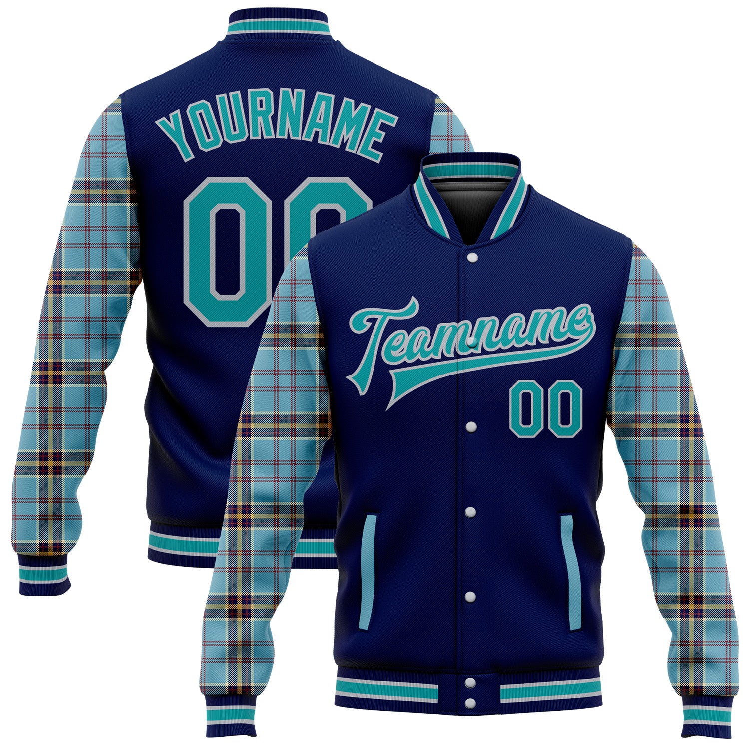 Custom Name Number Personalized Navy Teal Gray-Shadow Blue Western Plaid 3D Bomber Full-Snap Varsity Letterman Jacket Personalized