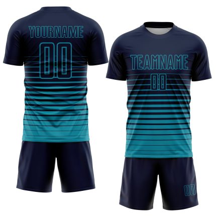 Custom Name and Number Soccer Jersey - Personalized Navy Teal Pinstripe Fade Fashion Sublimation Uniform Personalized Navy