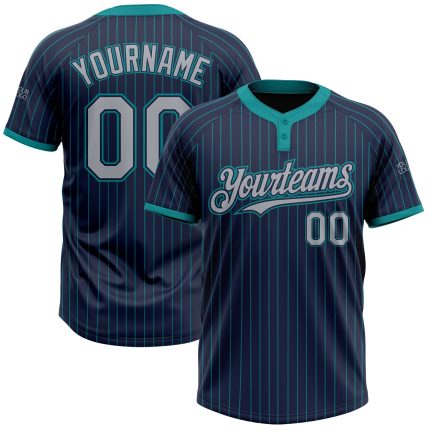Custom Name and Number Unisex Softball Jersey in Navy Teal Pinstripe Gray - Two-Button Design Personalized Navy Teal Pinstripe