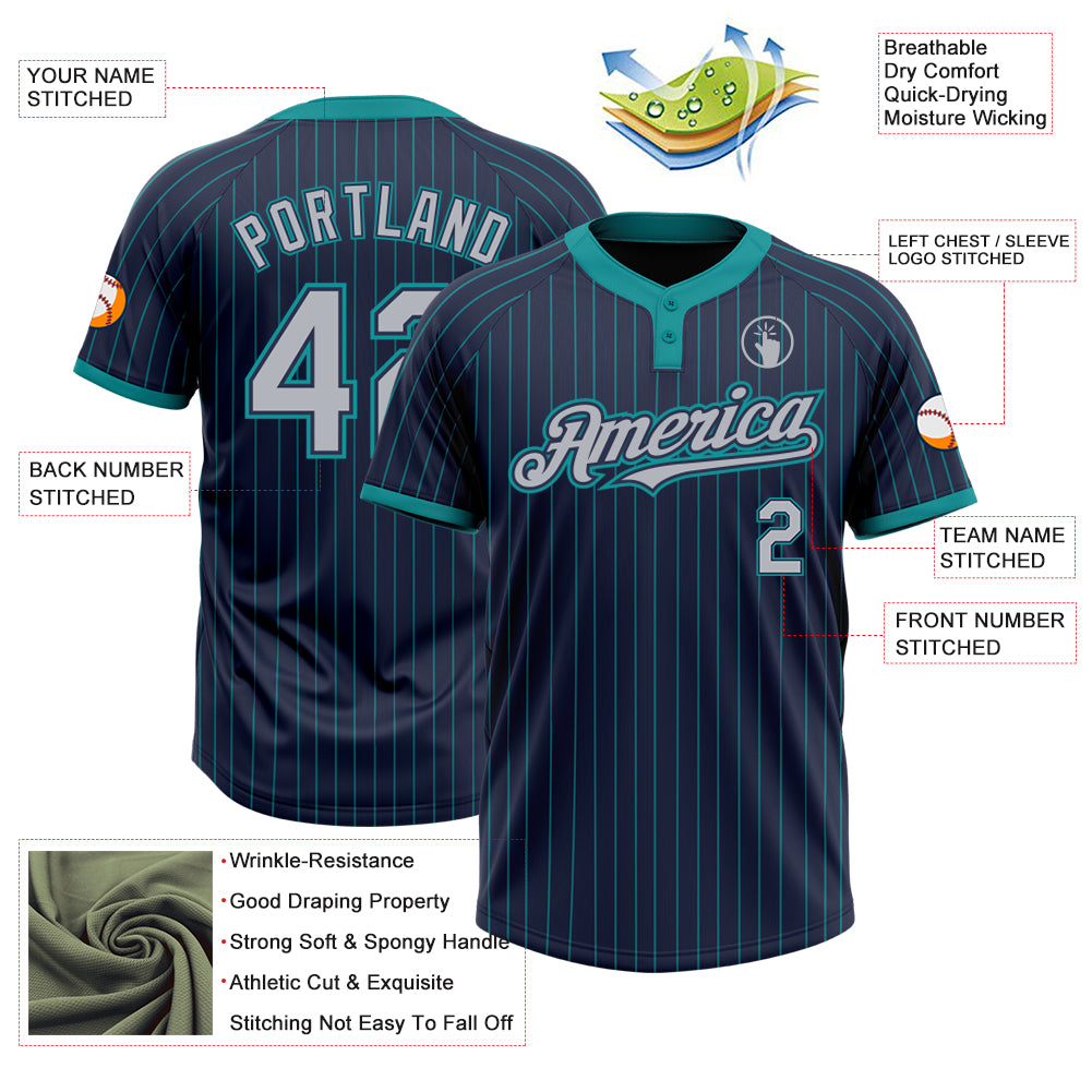 Personalized Navy Teal Pinstripe Gray Two-Button Unisex Softball Jersey Team Custom Name and Number Custom Name and Number Unisex Softball Jersey in Navy Teal Pinstripe Gray - Two-Button Design Personalized Navy Teal Pinstripe - Image 3