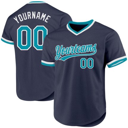 Custom Name and Number Baseball Jersey - Personalized Authentic Navy Teal White Throwback Design Personalized Navy Teal-White