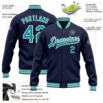 Custom Team Name Number Navy Teal White Bomber Varsity Letterman Jacket Personalized Full-Snap Personalized Navy Teal-White