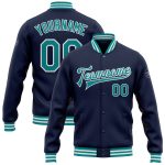 Custom Team Name Number Navy Teal White Bomber Varsity Letterman Jacket Personalized Full-Snap Personalized Navy Teal-White