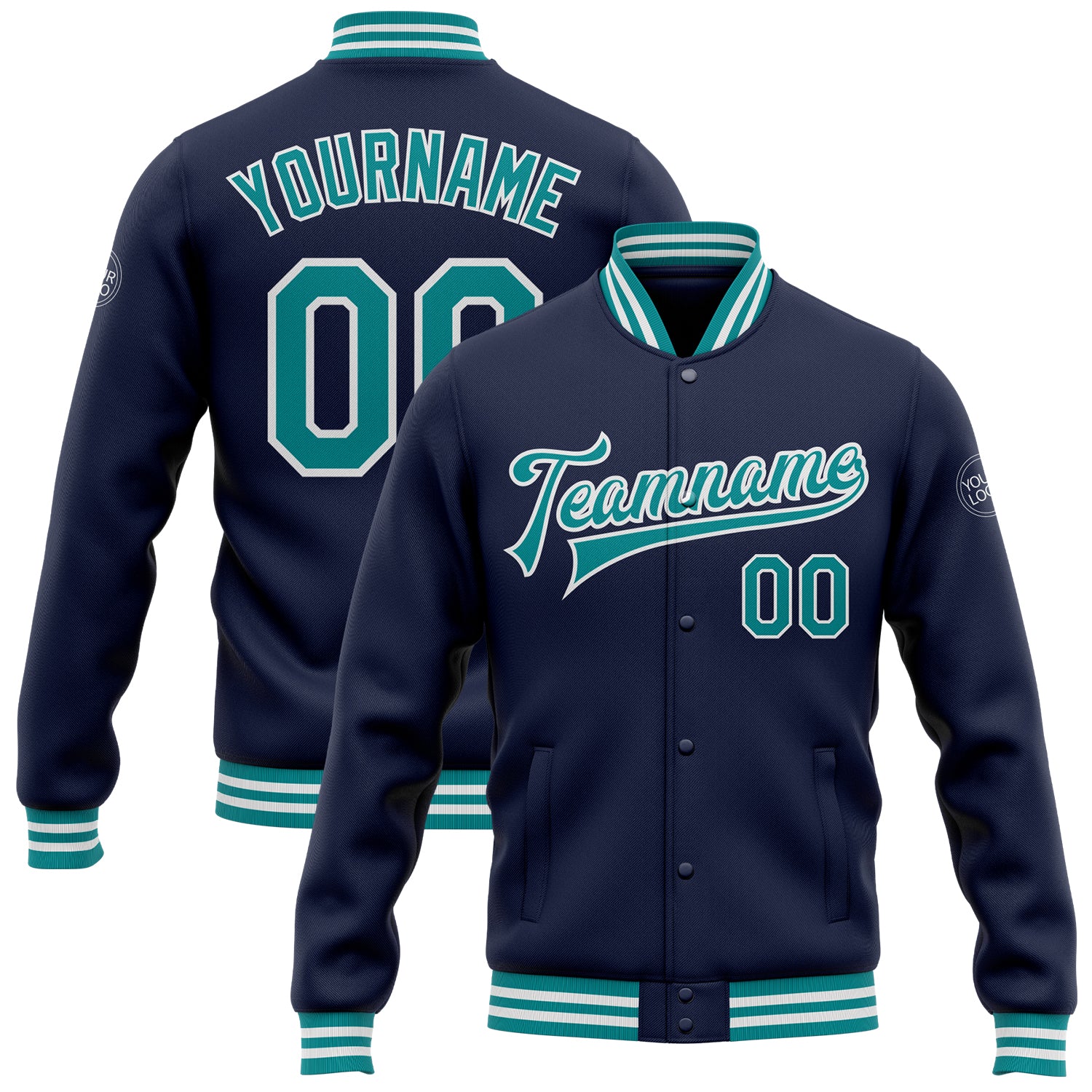 Custom Team Name Number Navy Teal White Bomber Varsity Letterman Jacket Personalized Full-Snap Personalized Navy Teal-White