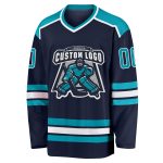 Custom Name and Number Hockey Jersey - Personalized Navy Teal-White Team Apparel Personalized Navy Teal-White Hockey Jersey