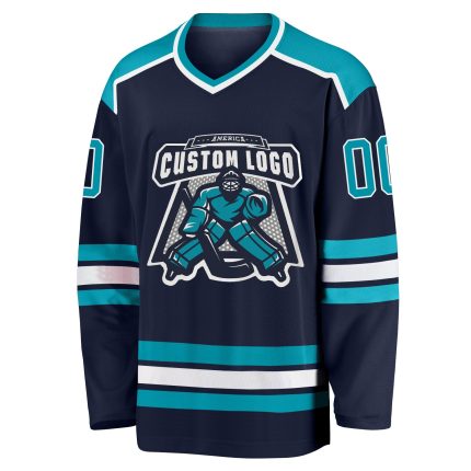 Custom Name and Number Hockey Jersey - Personalized Navy Teal-White Team Apparel Personalized Navy Teal-White Hockey Jersey