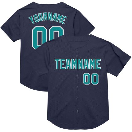 Personalized Navy Teal White Baseball Jersey - Authentic Throwback Mesh Design Personalized Navy Teal-White Mesh Authentic