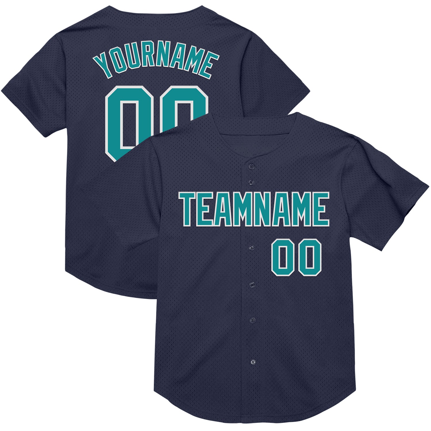 Personalized Navy Teal White Baseball Jersey - Authentic Throwback Mesh Design Personalized Navy Teal-White Mesh Authentic