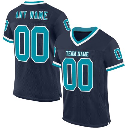 Custom Name and Number Navy Teal White Mesh Football Jersey - Personalized Authentic Throwback Team Jersey Personalized Navy