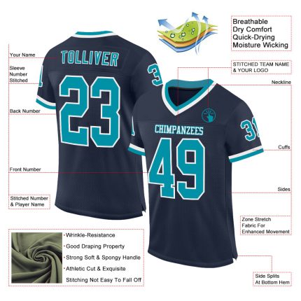 Custom Name and Number Navy Teal White Mesh Football Jersey - Personalized Authentic Throwback Team Jersey Personalized Navy