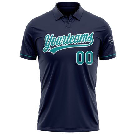 Custom Performance Golf Polo Shirt with Name and Number - Navy Teal and White Personalized Navy Teal-White Performance Vapor
