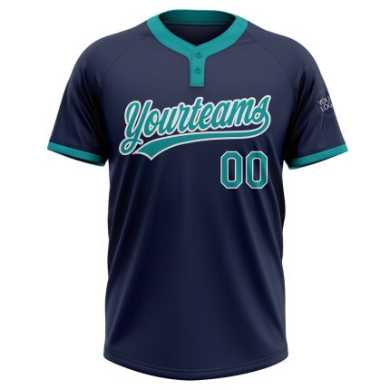 Custom Name & Number Unisex Softball Jersey - Personalized Navy Teal-White Two-Button Design Personalized Navy Teal-White