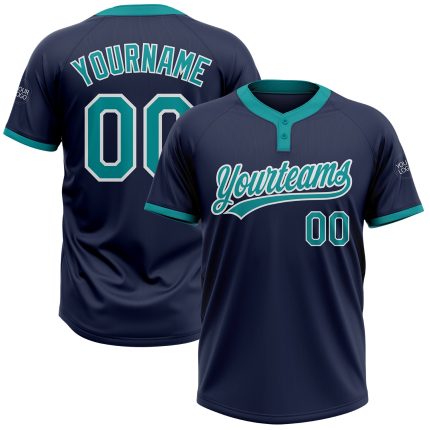 Custom Name & Number Unisex Softball Jersey - Personalized Navy Teal-White Two-Button Design Personalized Navy Teal-White