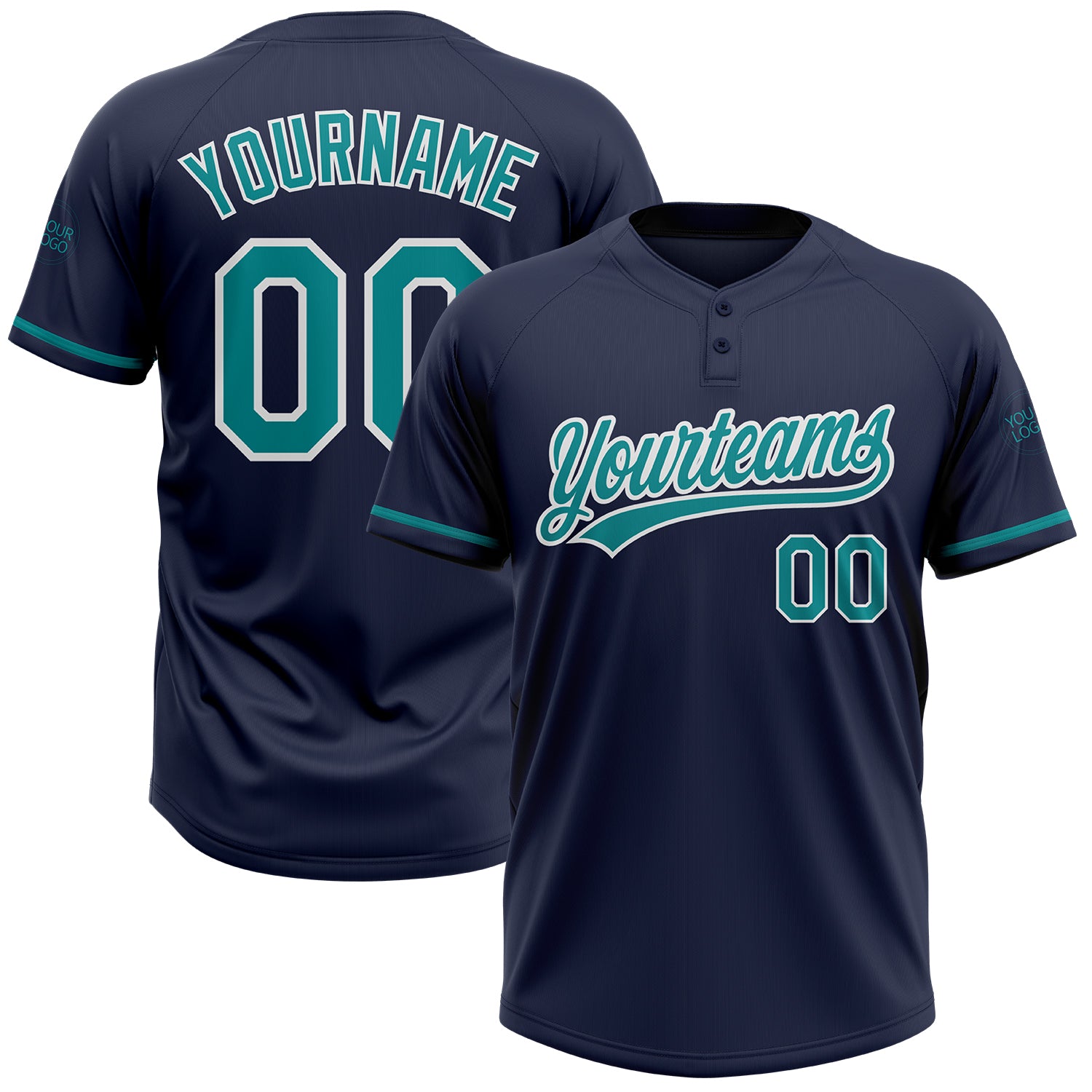 Custom Softball Jersey Unisex - Navy Teal White Two-Button Design Personalized Navy Teal-White Two-Button Unisex Softball