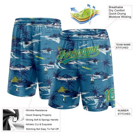 Custom Name Number Basketball Shorts Hawaii Palm Trees Navy Teal Yellow 3D Pattern Authentic Team Gear Personalized Navy