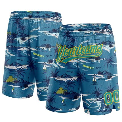 Custom Name Number Basketball Shorts Hawaii Palm Trees Navy Teal Yellow 3D Pattern Authentic Team Gear Personalized Navy