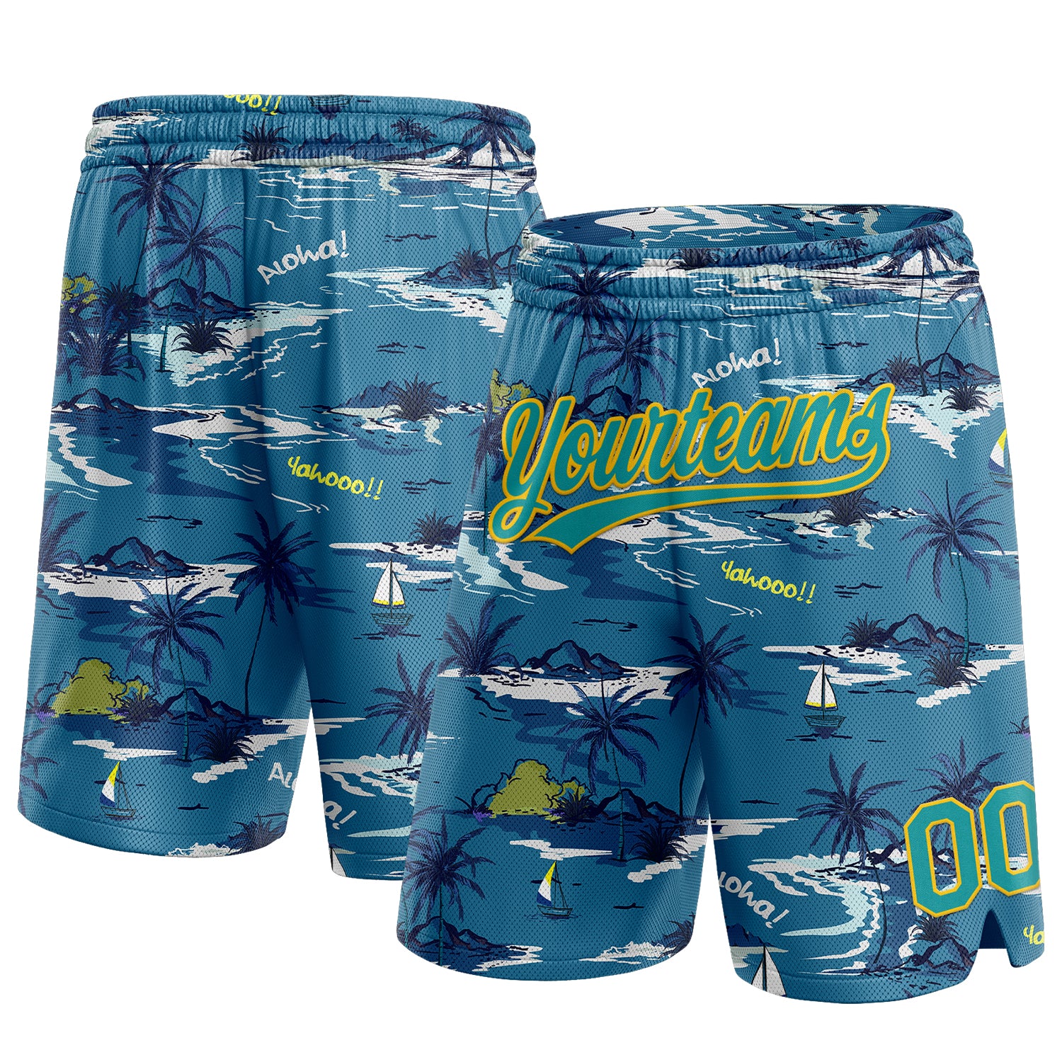 Custom Name Number Basketball Shorts Hawaii Palm Trees Navy Teal Yellow 3D Pattern Authentic Team Gear Personalized Navy