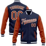 Custom Navy Texas Orange-White Bomber Jacket with Name and Number - Full-Snap Varsity Letterman Two Tone Design Personalized