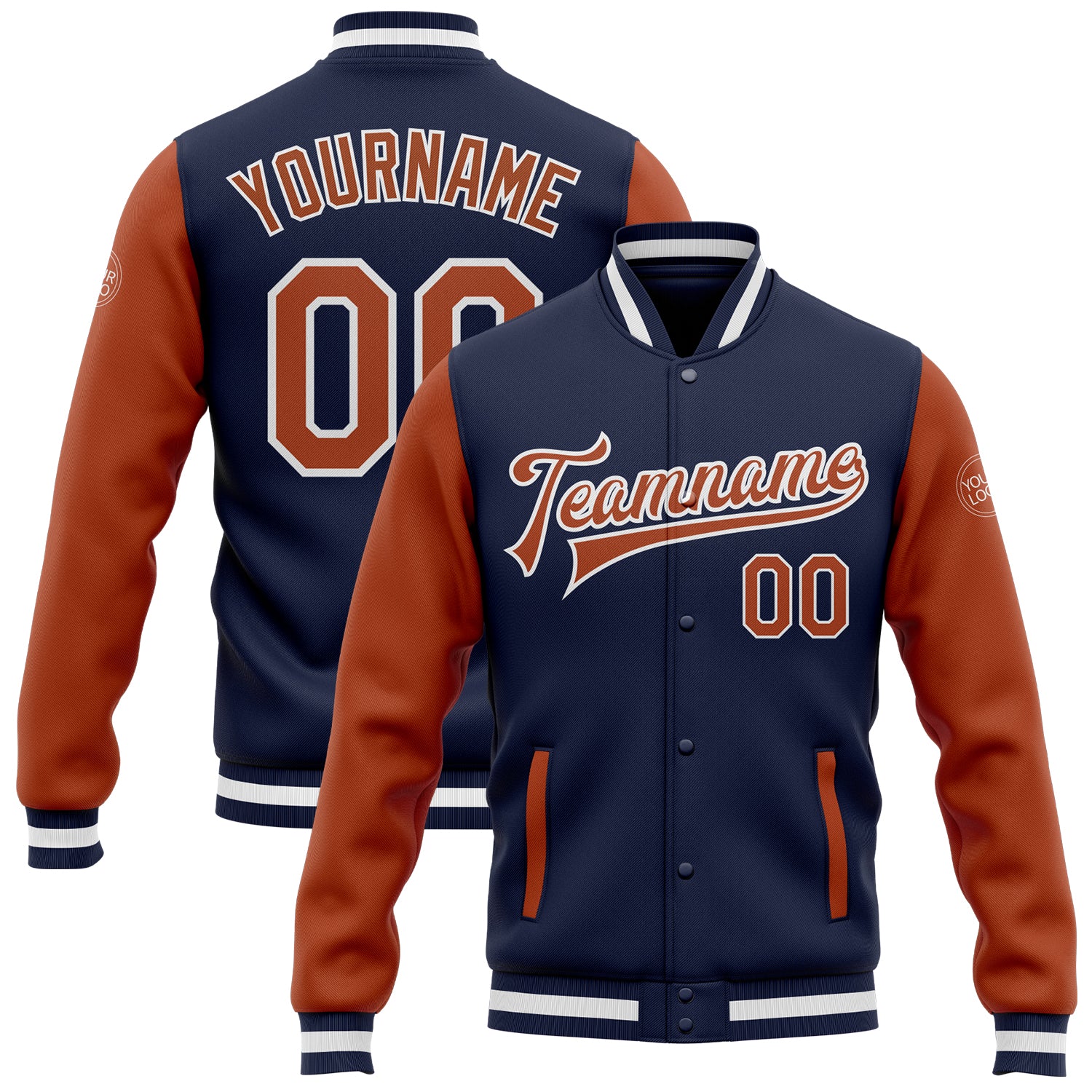 Custom Navy Texas Orange-White Bomber Jacket with Name and Number - Full-Snap Varsity Letterman Two Tone Design Personalized
