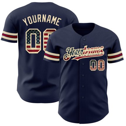 Personalized Vintage USA Flag Baseball Jersey - Custom Name & Number, Navy Cream Crimson Team Apparel Personalized Navy Vintage