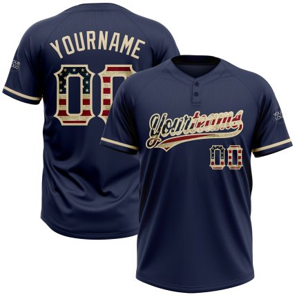 Custom Name and Number Vintage USA Flag Softball Jersey - Personalized Navy Cream Unisex Two-Button Team Jersey Personalized